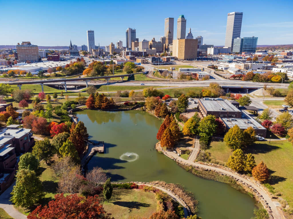 Aerial view of the downtown cityscape and fall color of Veterans Park